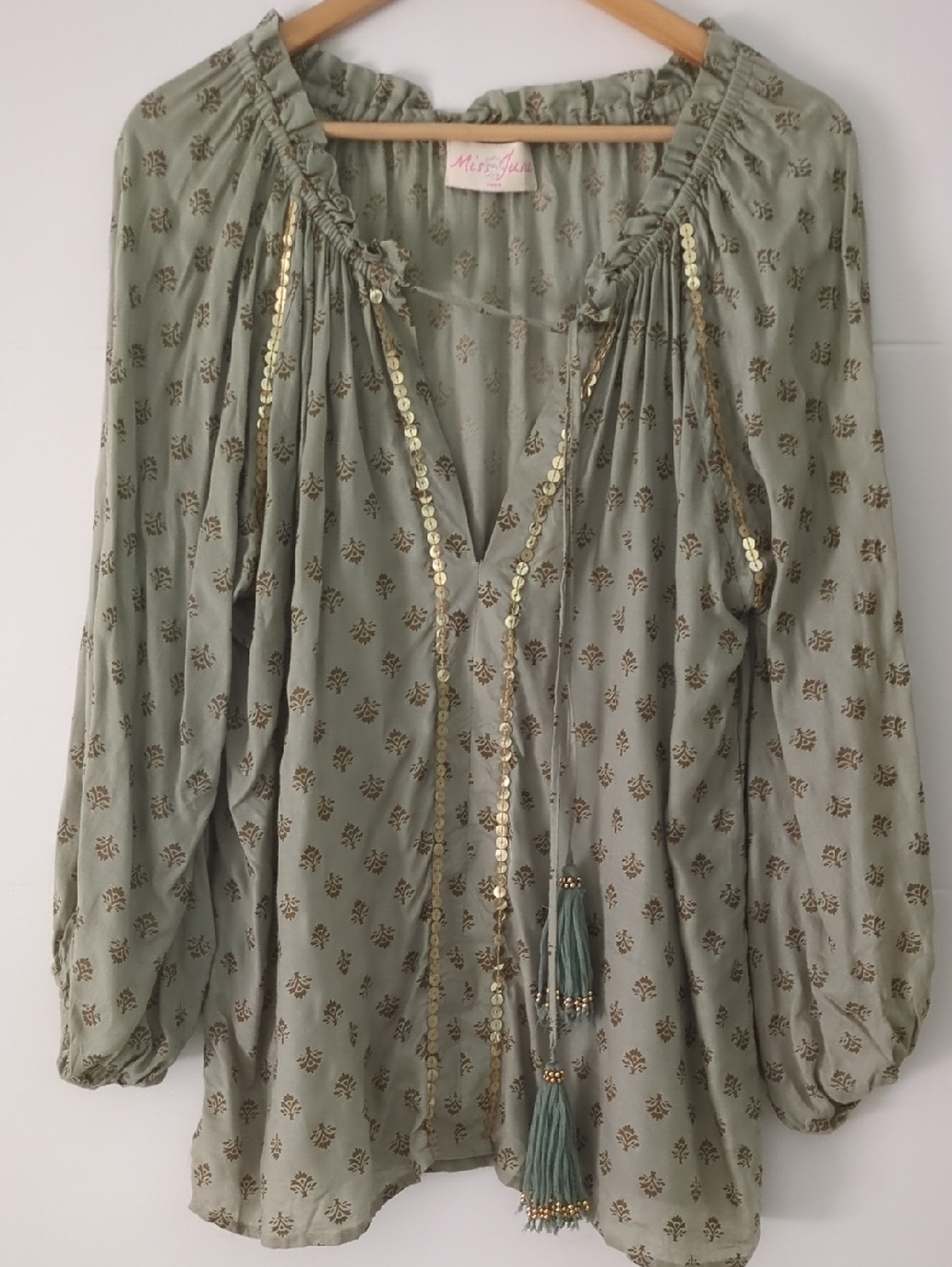 Miss June Paris Light Green Gold Dot Peasant Blouse - Women Tops Boho Beach Sz L - Picture 2 of 8